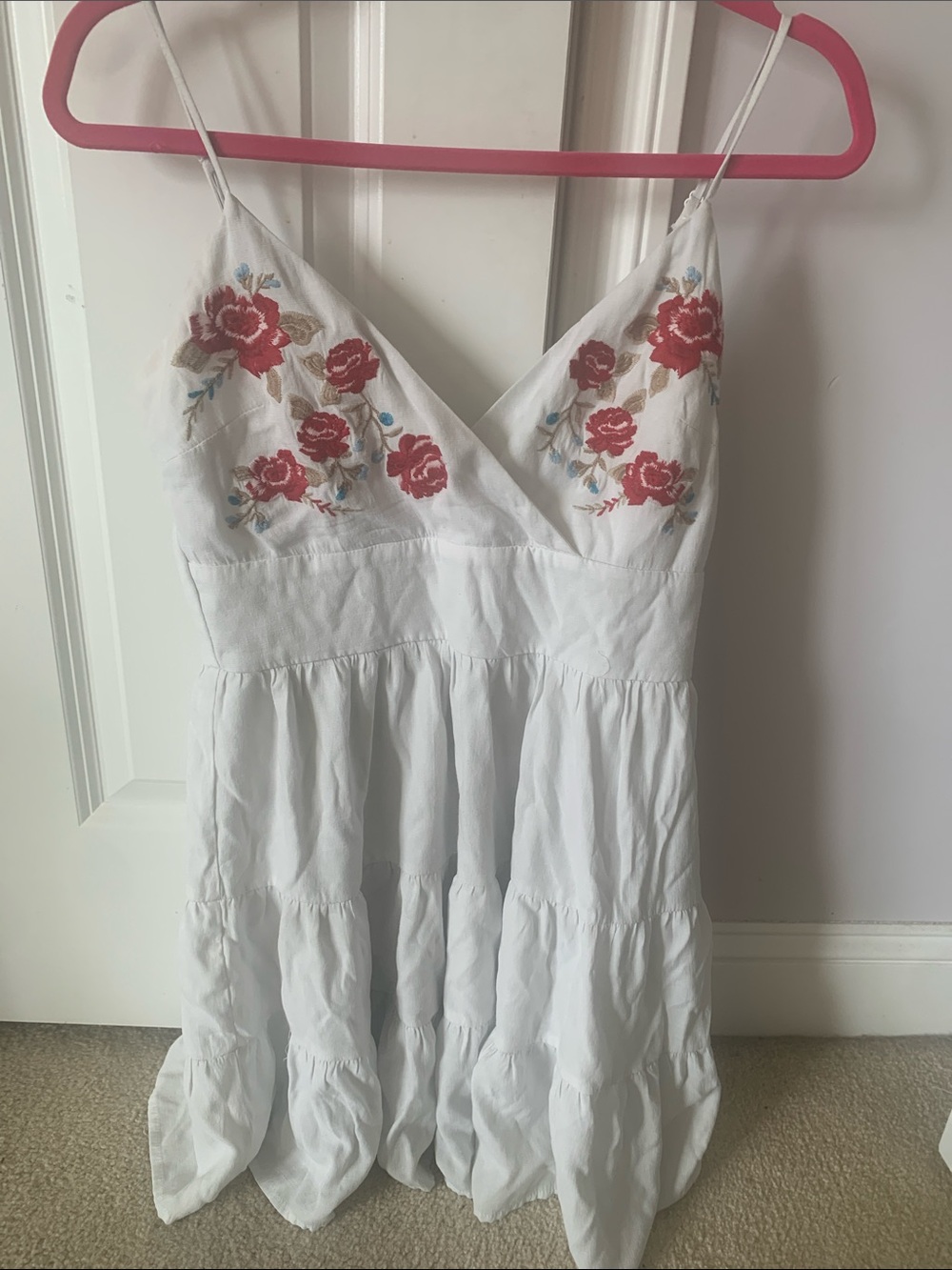 Miami White Summer Dress with Red Rose Embroidery